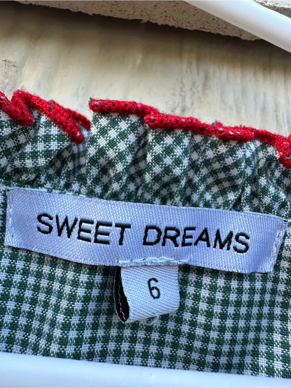 Sweet Dreams Green Gingham Nightgown with Red Trim and Monogram